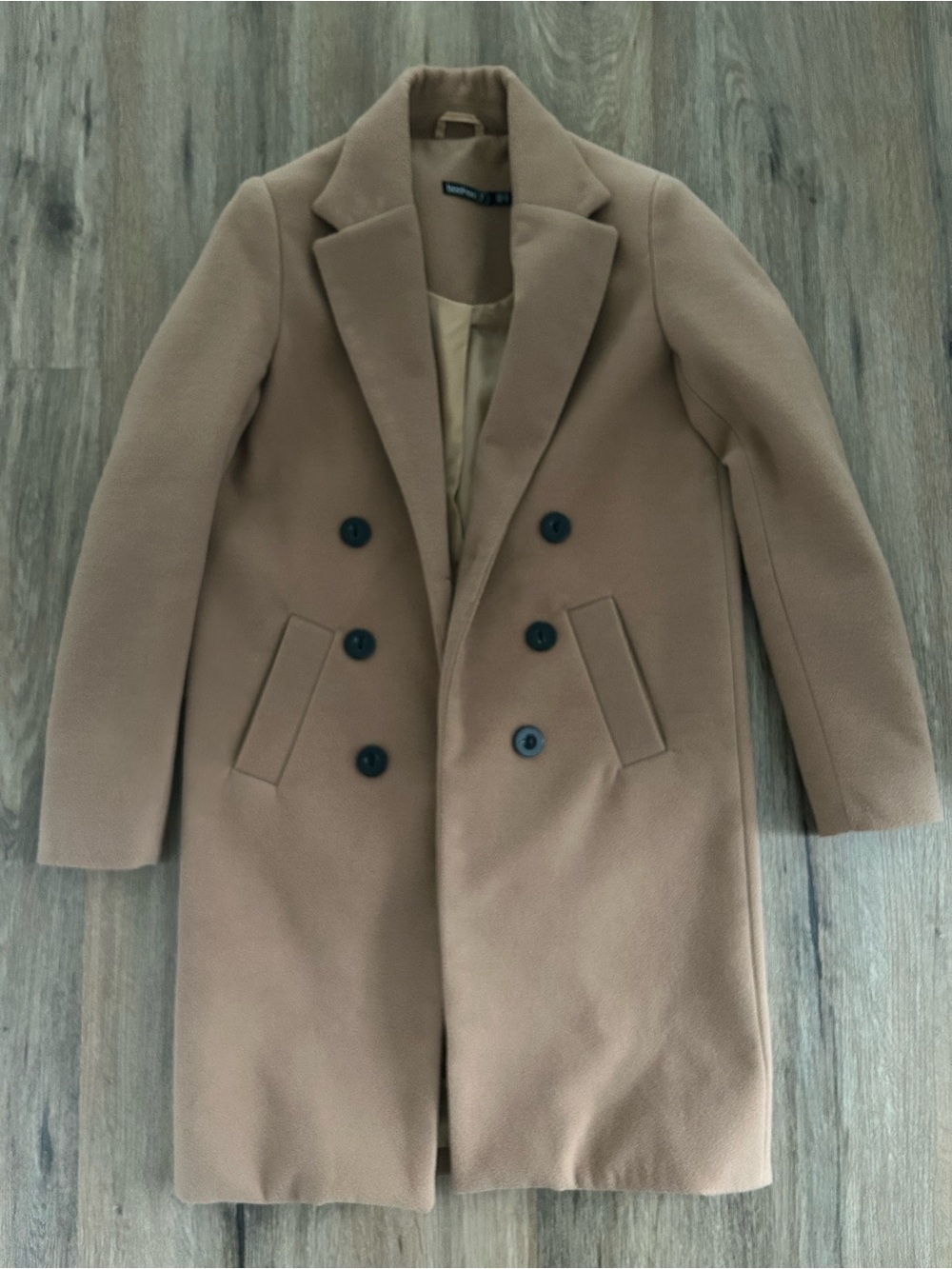 Boohoo Petite Double-Breasted Camel Wool Coat